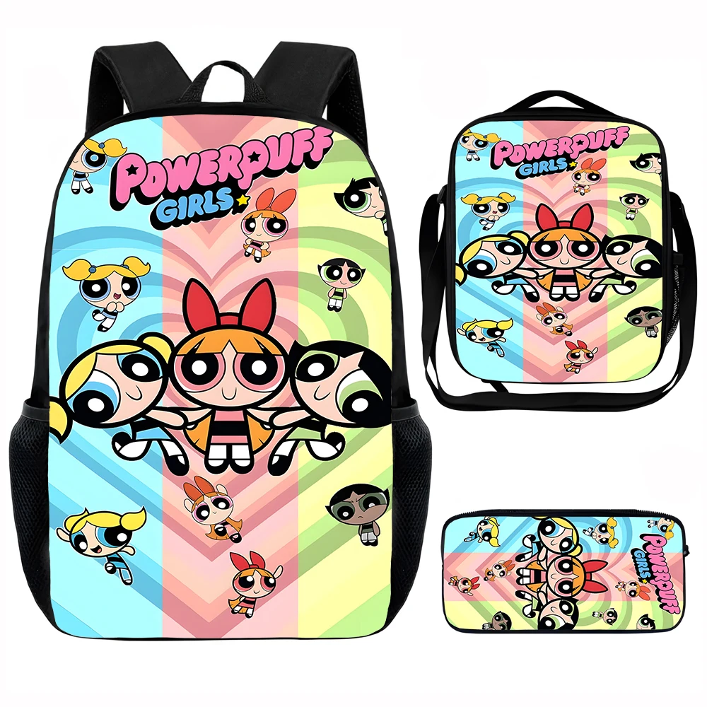 

Cute Anime P-Powerpuffs Child School Backpack with Lunch Bags ,Pencil Bags ,School Bags for Boys Girls Best Gift