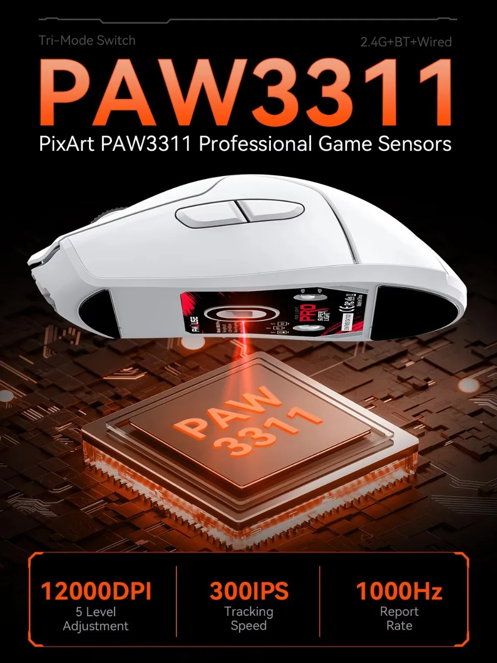 3-Mode Ergonomic Gaming Mouse PAW3311, USB-C Charging, 6 Programmable Keys, 12000DPI Adjustable Ultra Light For PC Laptop Mac