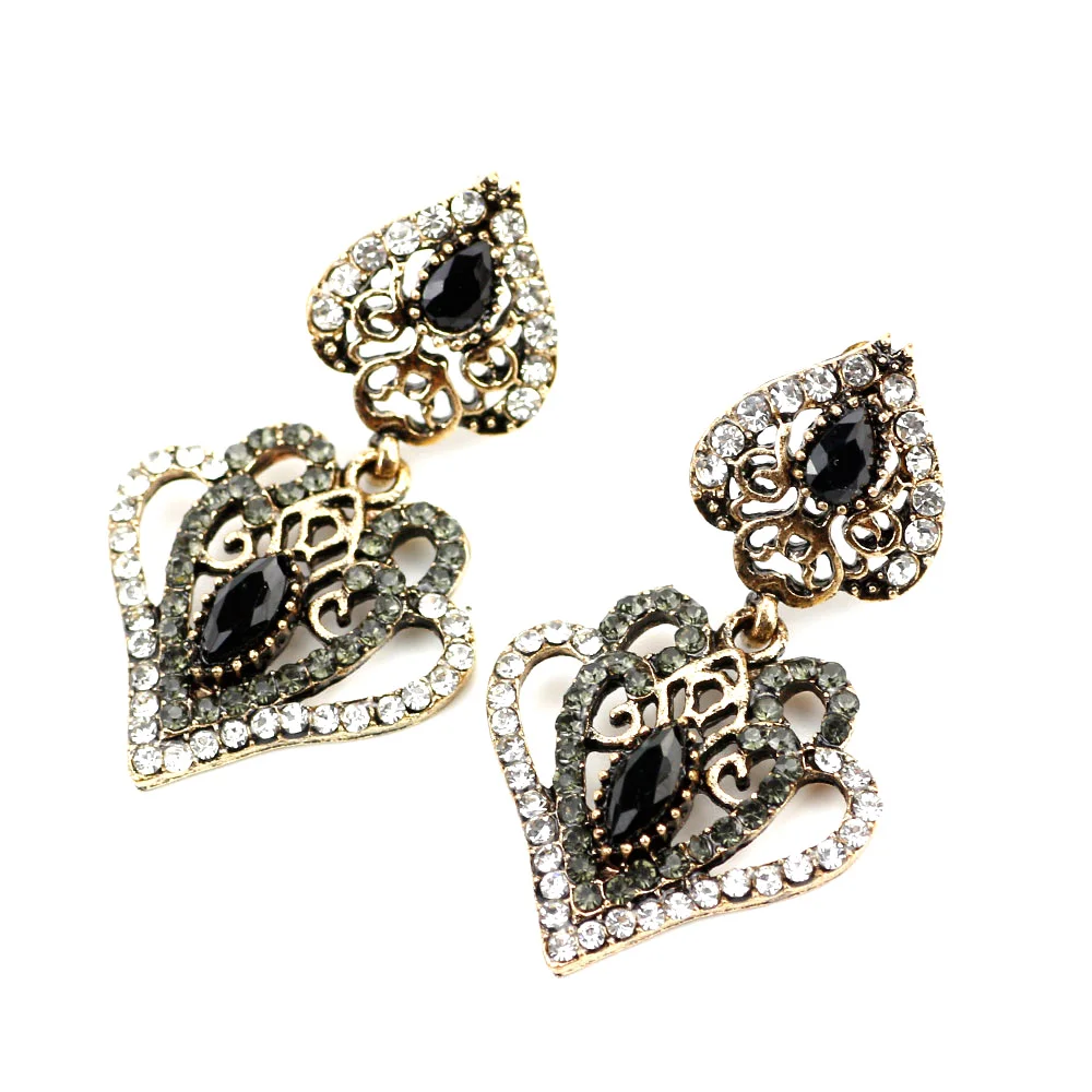 Vintage Turkish Crystal Heart Earring Indian Women Drop Earring Bohemia Bride Wedding Bijoux Ethnic Banquet Jewelry Sunspicems