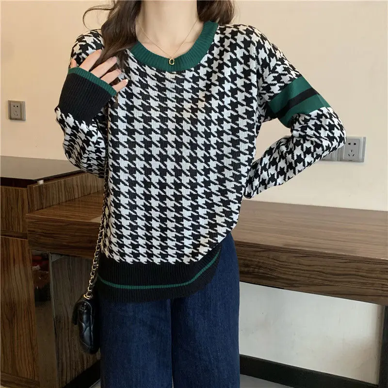 Autumn Pullover Sweater Women Unique Design Plaid Knit Houndstooth Round Neck Patchwork Long Sleeve T-shirt Casual