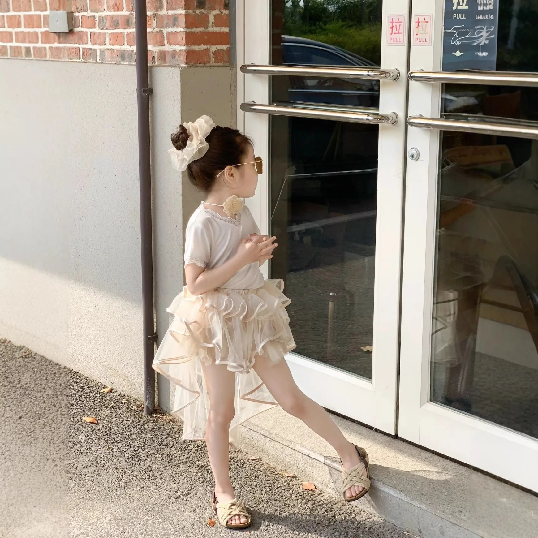 2 Piece Set 2026 Girls' Summer V-neck Lace T-shirt Mesh Tail Pong Skirt Irregular Half Skirt Kids Solid Color Suit