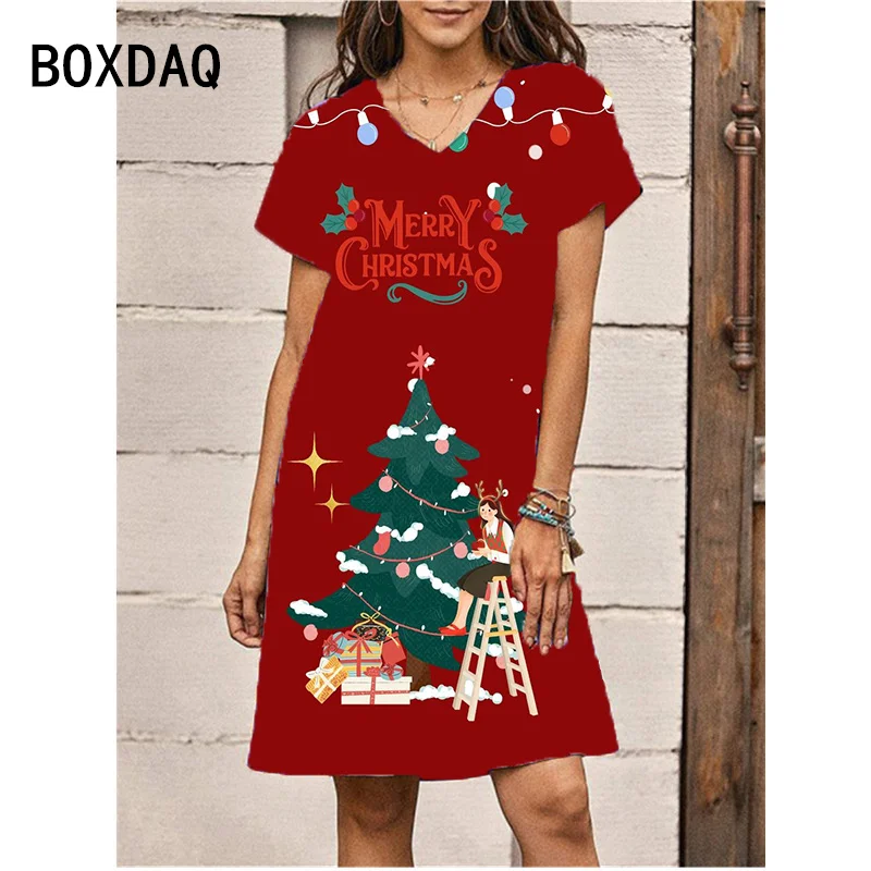 Women's Christmas Short Sleeved Dress Funny 3D Christmas Tree Cartoon Christmas Deer Printed Dress V-Neck Fashion A-Line Dresses