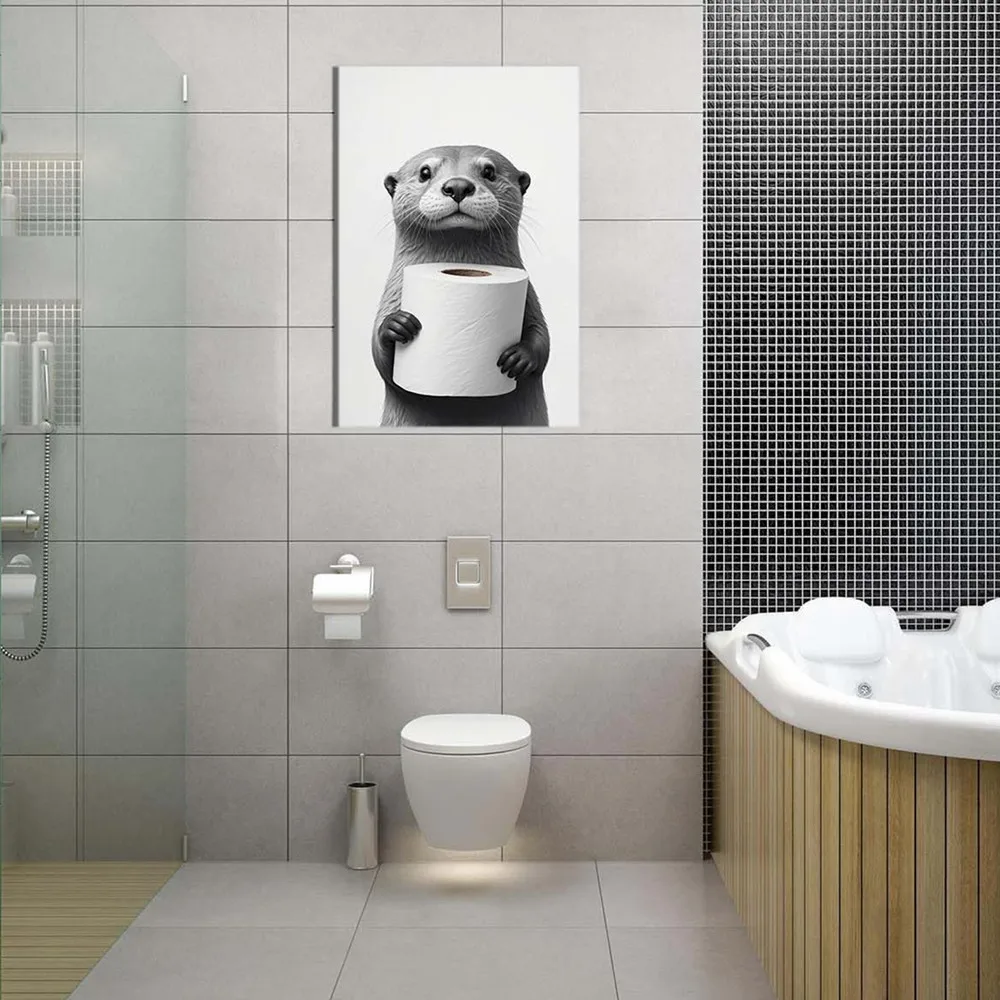 Funny Animal Bathroom Canvas Art Poster White and Black Otter Print Wall Painting Picture for Toilet Bathroom Decor Aesthetics