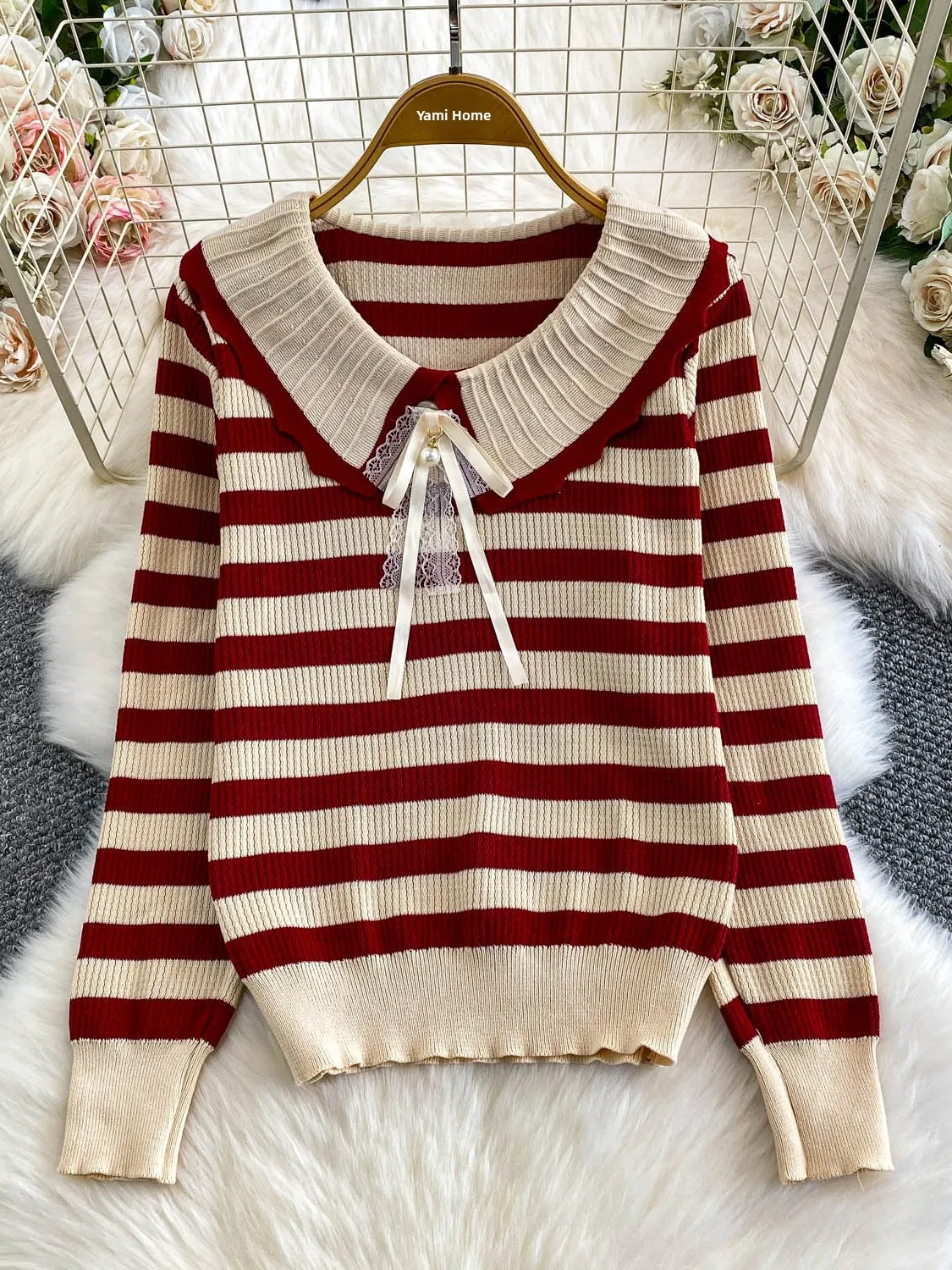 

Korean Sle Sweet Knot Doll Collar Loose Knitted Slimming Sweater Women's Autumn Winter Faion Striped Loose Fit ...