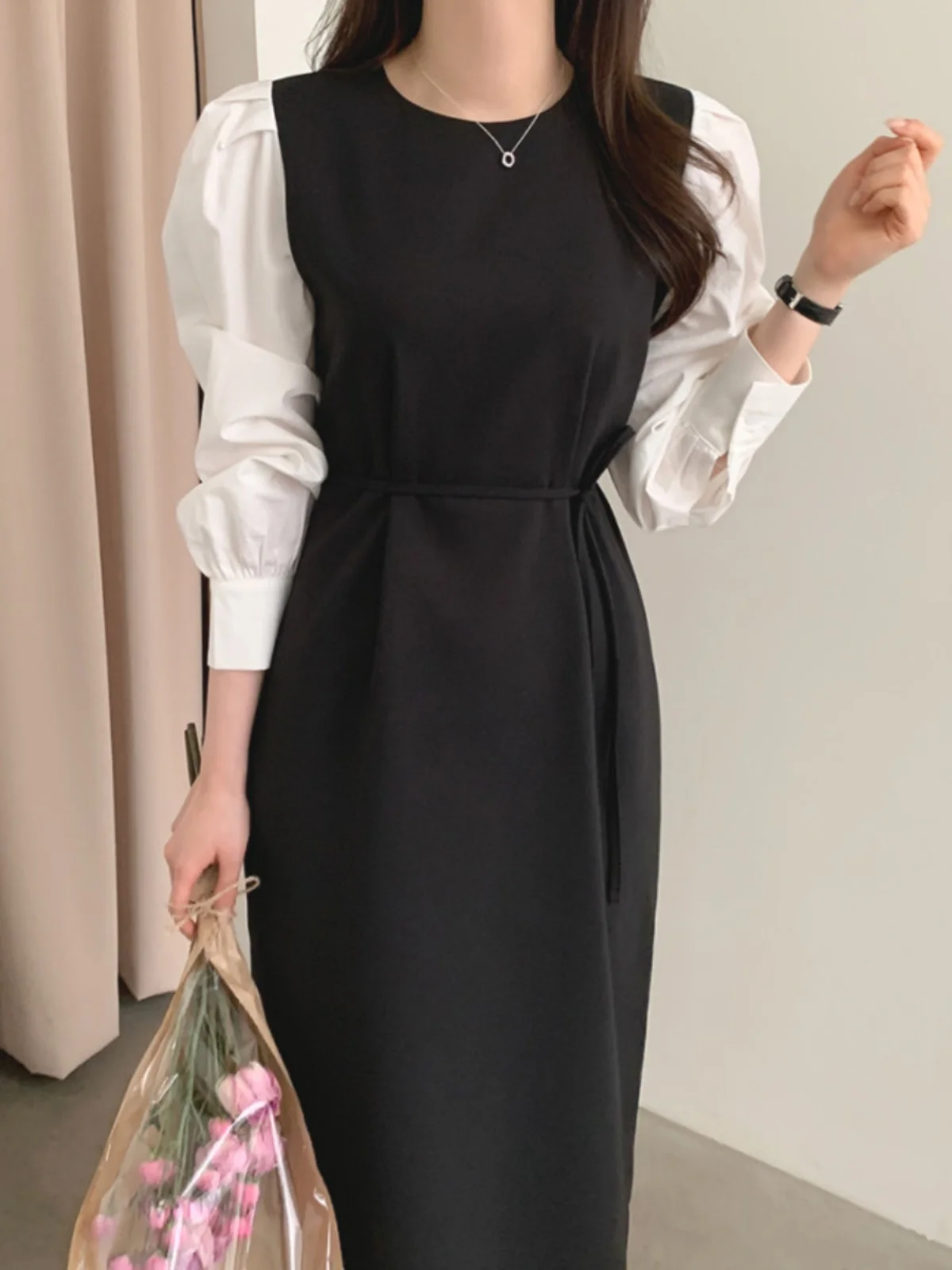 

Ele round Ne A-Line Dr with Sa Bubble Sves Long Spring Dr Slimming High Waist Korean Sle Commute Dr