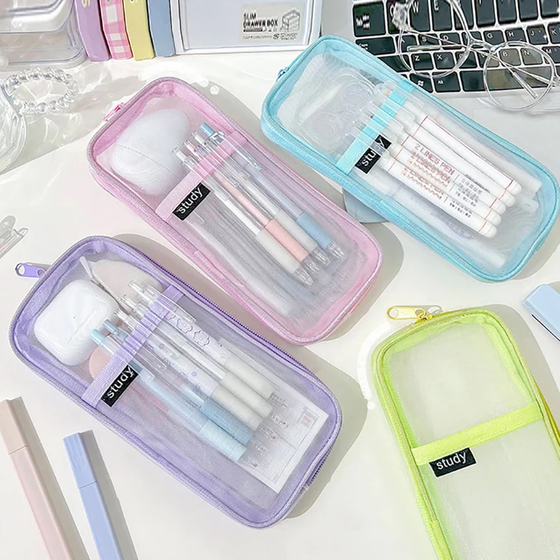 Simple Transparent Pencil Case Fashion Mesh Large Capacity Casual Zipper Pouch Pen Bag Stationery Storage Bag School Supplies