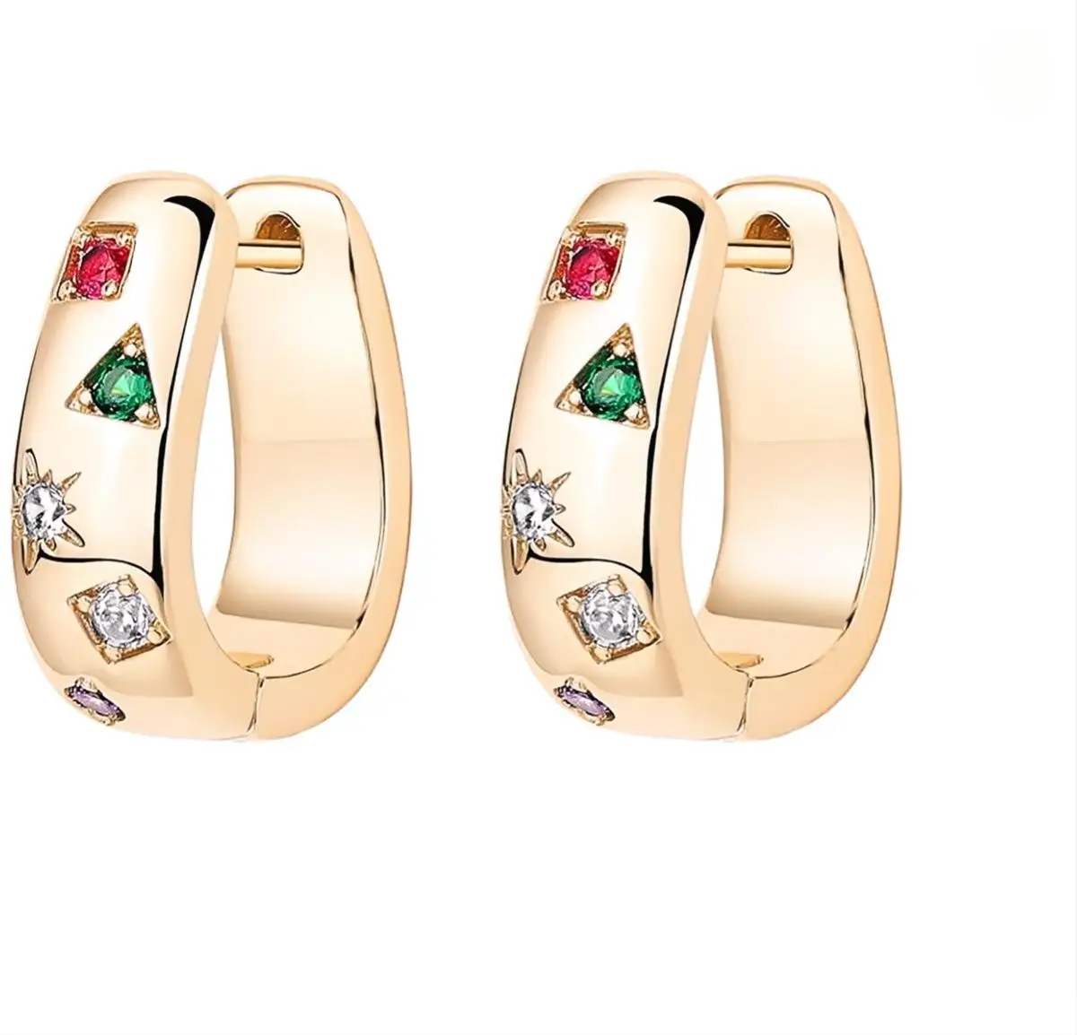 

14K Gold Plated 925 Sterling Silver Posts Chunky Huggie Earrings for Women | Multi-Colored Cubic Zirconia Statement Hoop Earring
