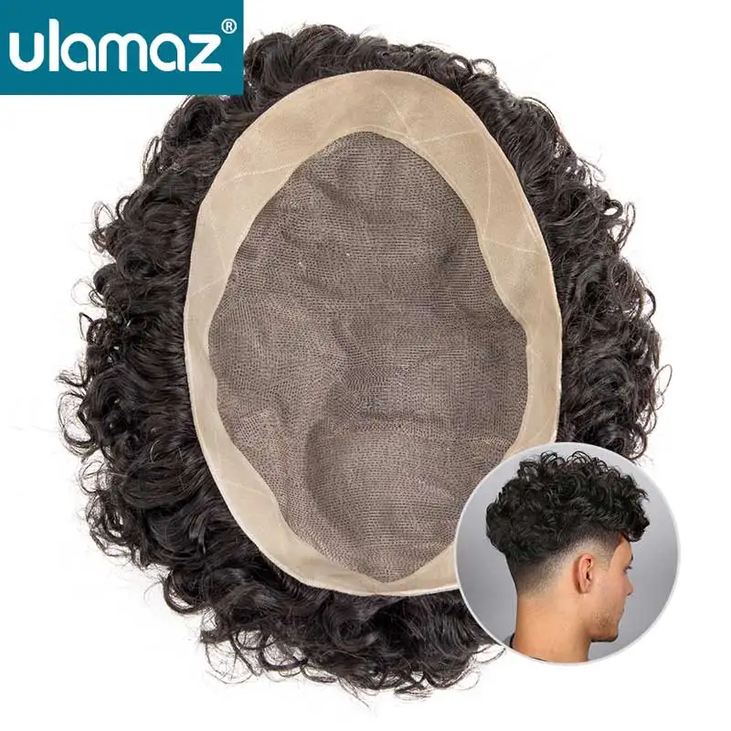 

Долговечный мужской парик-система из натуральных волос с двойными узелками, кудрявый моно-парик, мужской причесочный протез, парик-накладка для мужчин