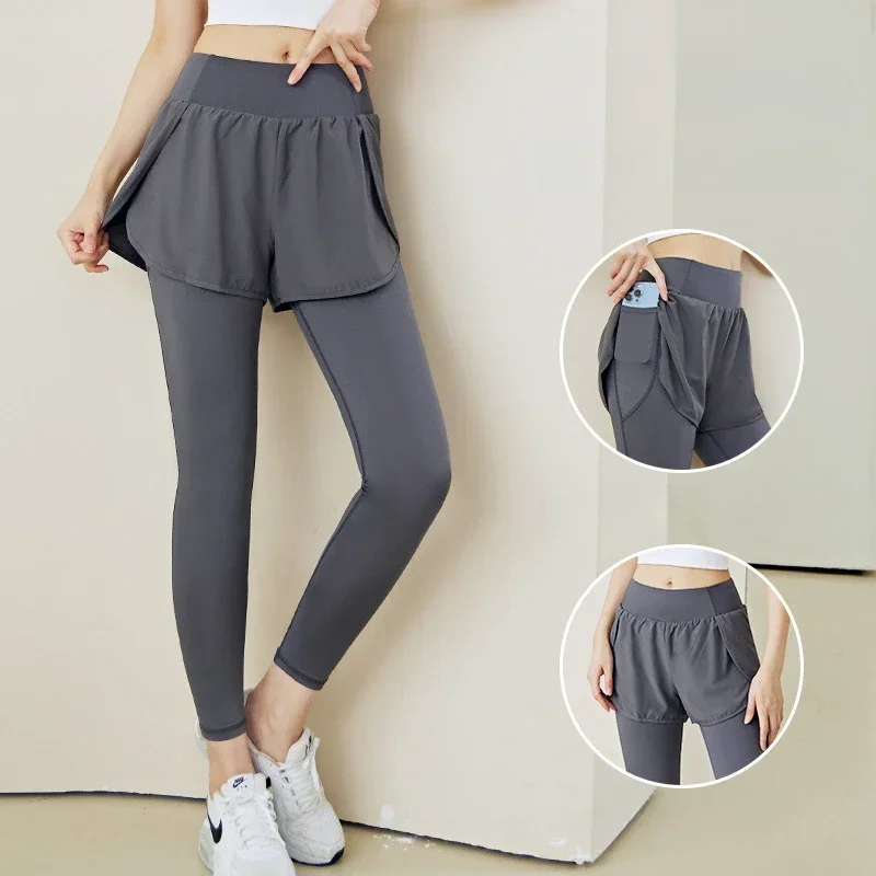 Women Gym Yoga Pants Shorts Legging Fake 2 Pcs Running Sports Pants With Phone Pocket Quick Dry Outdoor Fitness Workout Tights