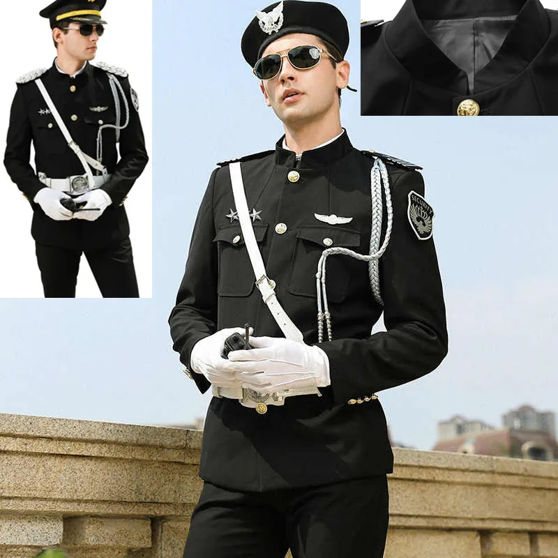 Hotel Property Uniform for Concierge Staff  Mens Blazer Suit Set Male Security Guard Overalls Hat + Coat + Pants + Accessories