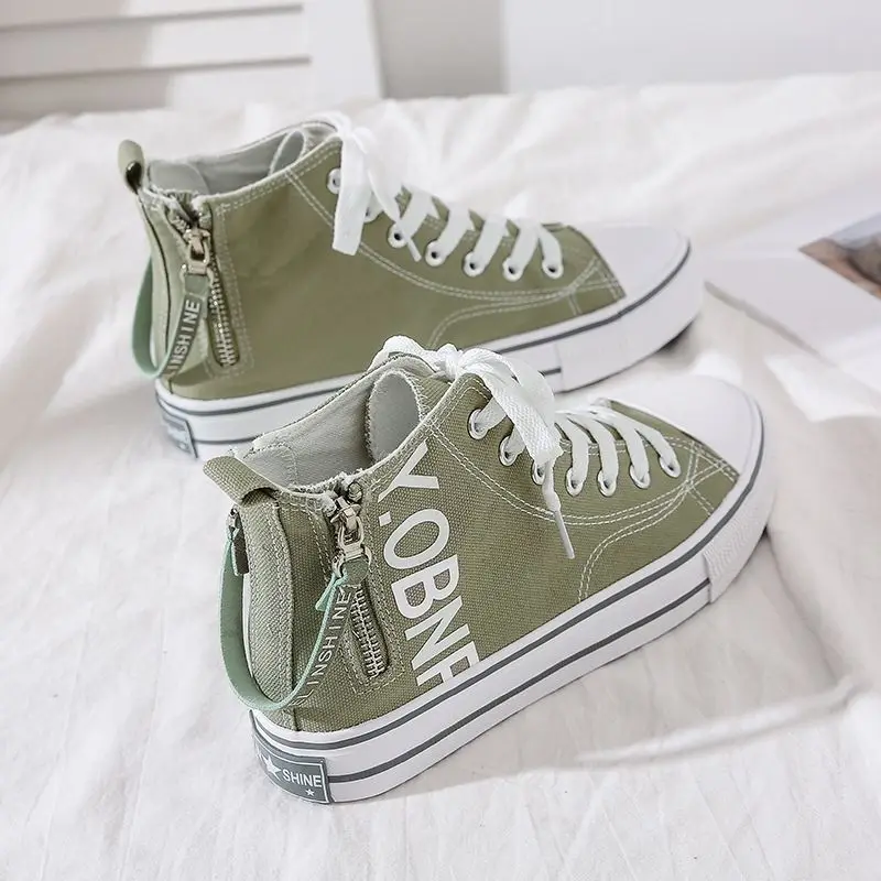 New Fashion Canvas Sneakers High Top Zipper Shoe Comfort Flat Sole Walking Sports Shoes Casual Lace Up Printed Non-slip Sneakers