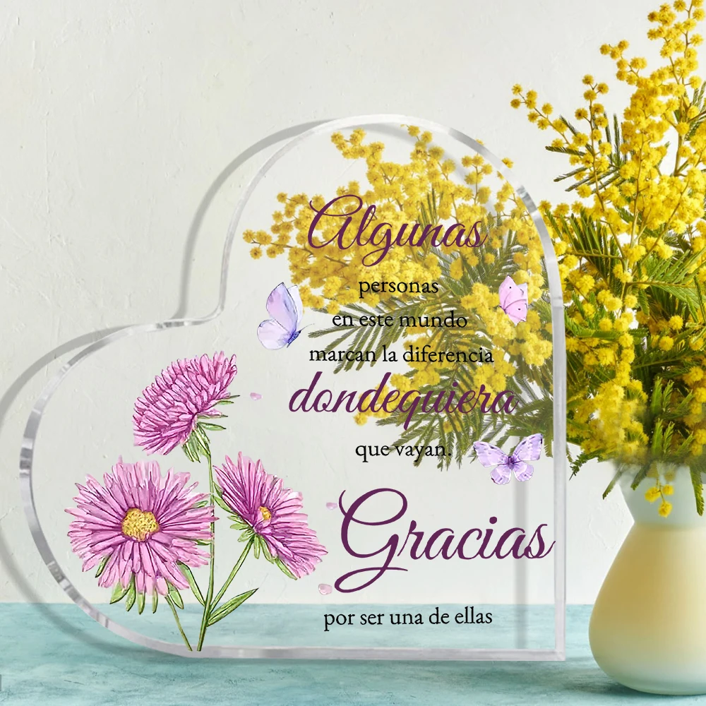 2D Flat, 1pc Heart-Shaped Acrylic Decoration with Spanish Thank You Quote - Mother's Day Gift for Mom, Pink Floral & Butterfly