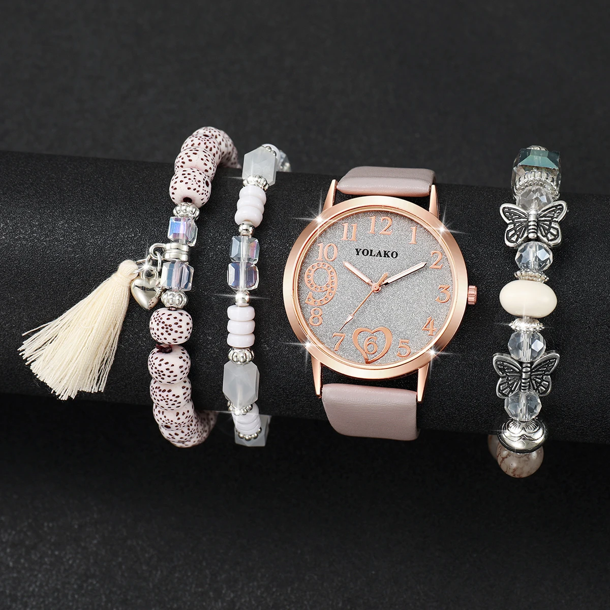 4PCS/Set Fashion Heart Dial Women Watches Leather Band Quartz Watch Beads Bracelets Set（Without Box）