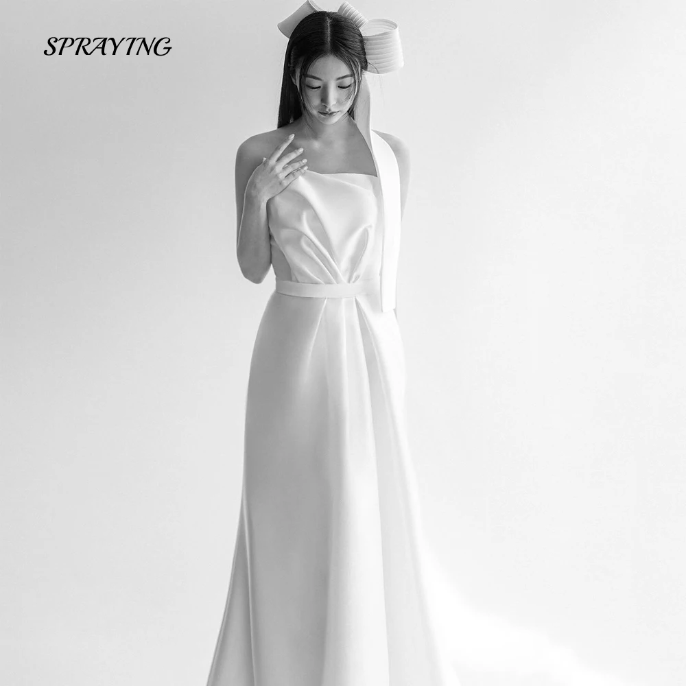 

SPRAYING Irregular A Line Korea Wedding Dress Sleeveless Soft Satin Garden Evening Party Dresses Sweep Train Bridal Gown