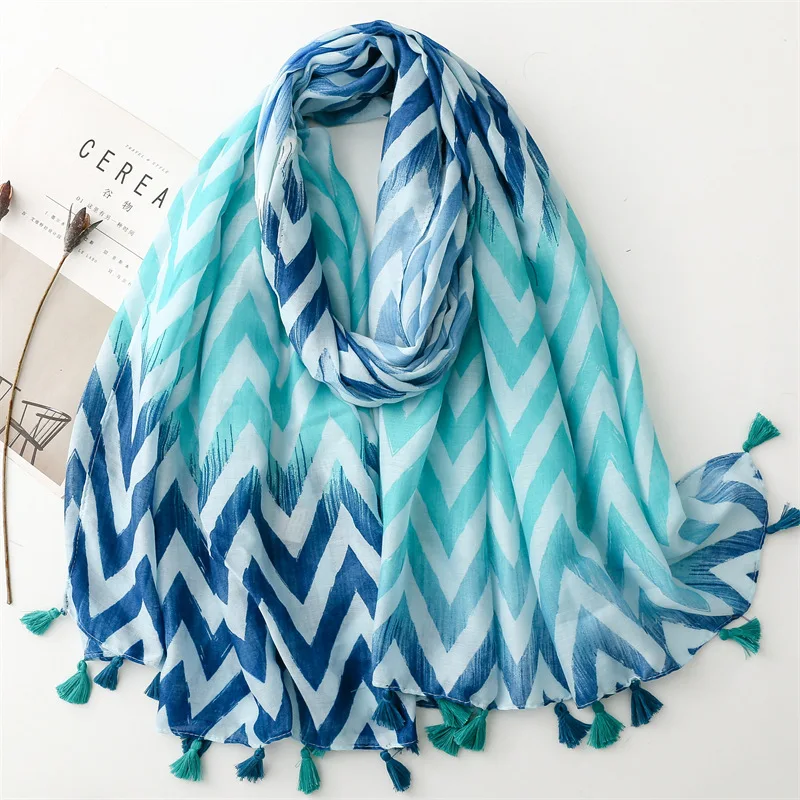 2024 Fashion Ombre Wave Striped Line Tassel Viscose Shawls Scarf High Quality Wrap Pashmina Stole Bufandas Muslim Hijab 180*90Cm