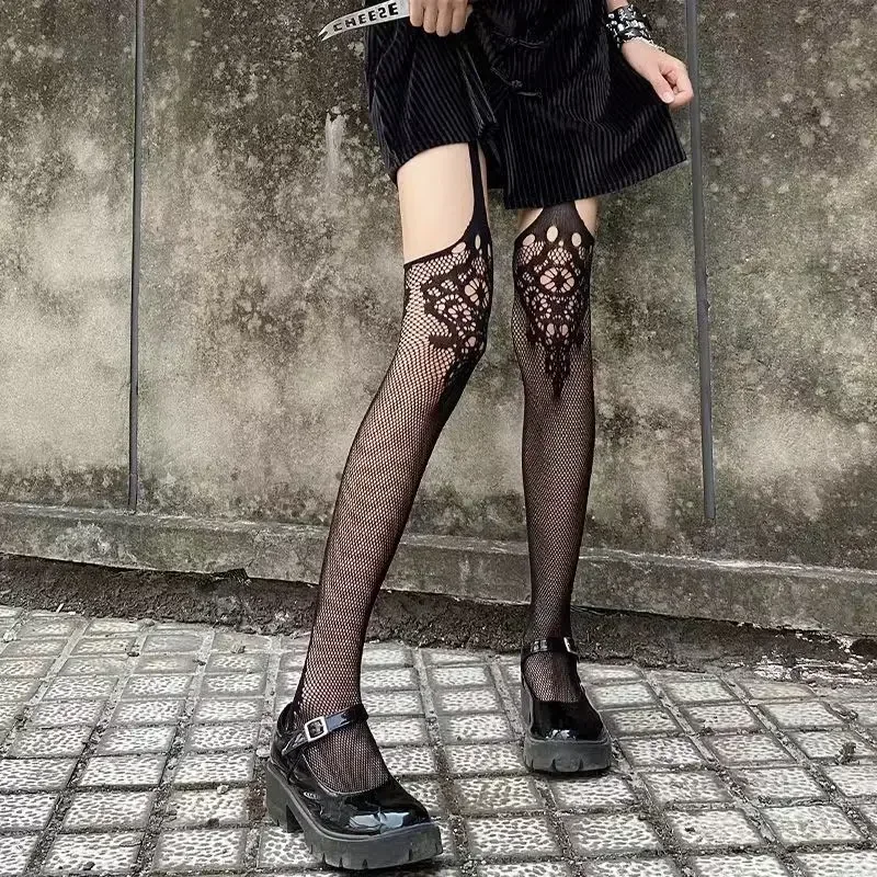 Gothic Dark Girl Long Sexy Fishnet Stockings Women Classical Design Harajuku Emo Mesh Tights Lingerie Thigh High Garters Hosiery