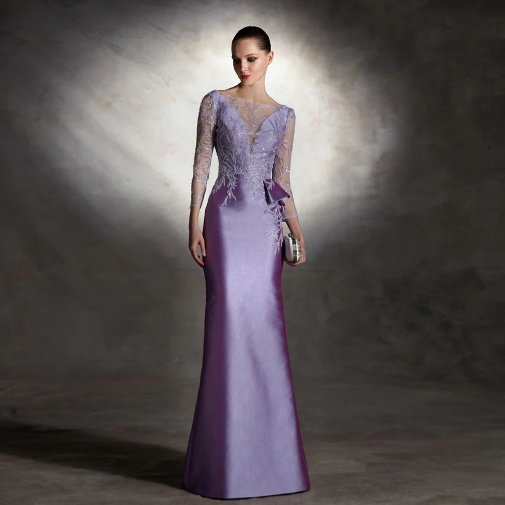 Vestidos de lavanda elegantes para a mãe da noiva, O Neck, mangas compridas, sereia vestidos de festa de casamento, frisado até o chão, mãe da noiva