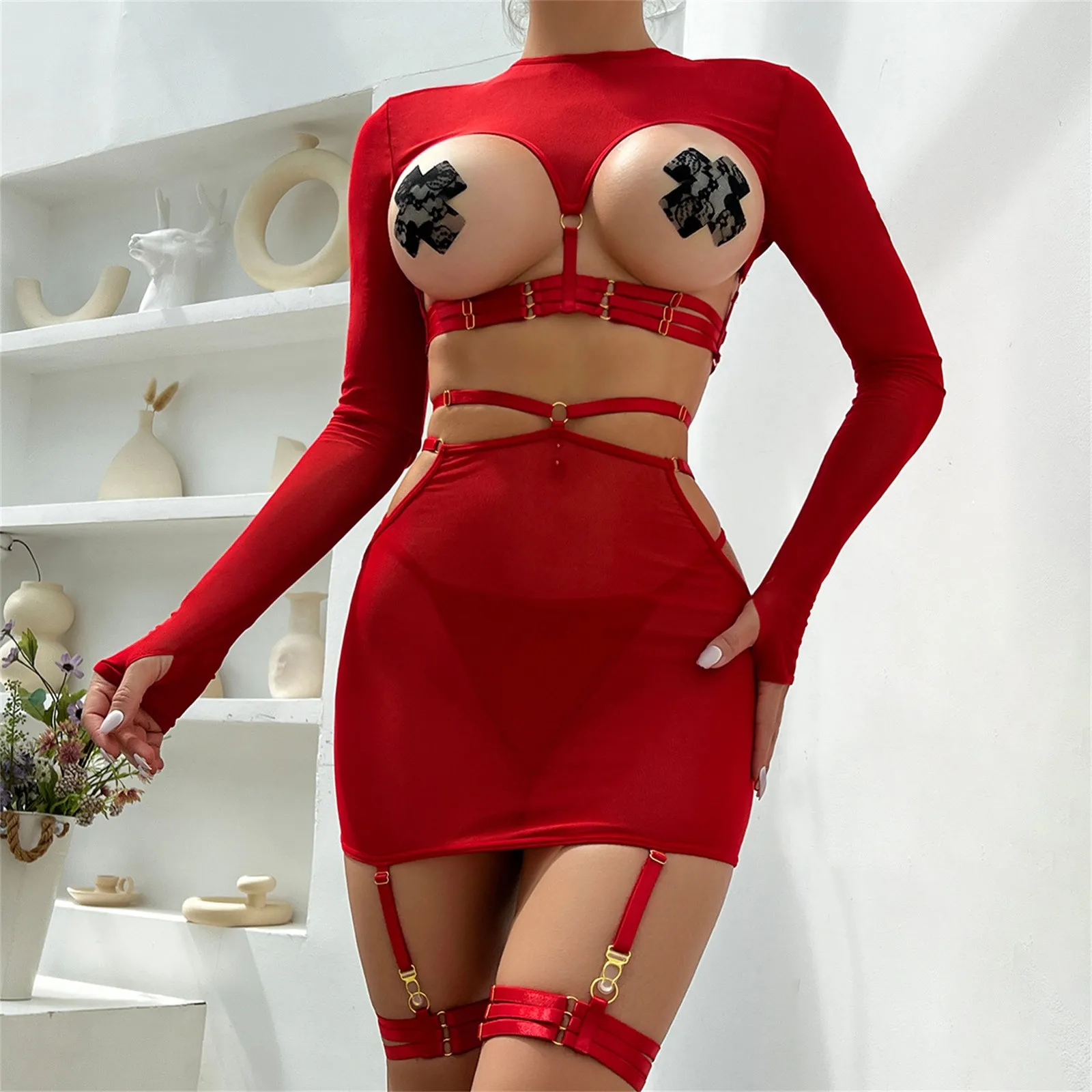 

Sexy hollow strap design personality long sleeves with leg rings women's Sexy Flowers Lace Bra G-string Erotic Lingerie set