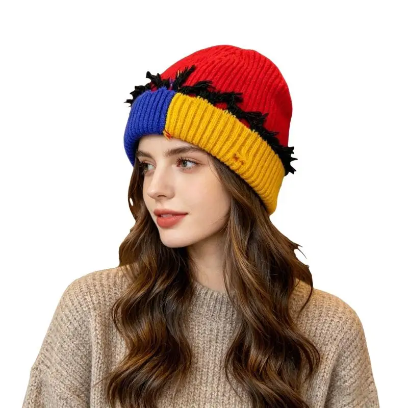 Warm Knitted Beanie With Contrast Color Block Fuzzy Edge For Winter Outdoor Daily Casual Wear