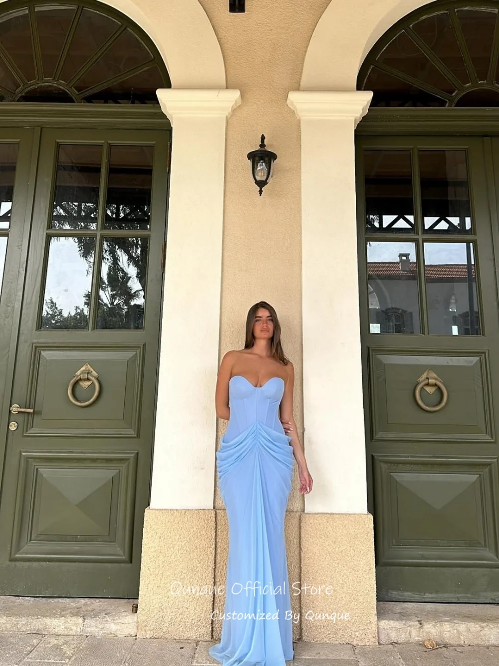 Qunque Graceful Chiffon Mermaid Evening Dresses Sweetheart Draped Prom Dresses Sleeveless Handmade Robes De Soirée Customized image 2
