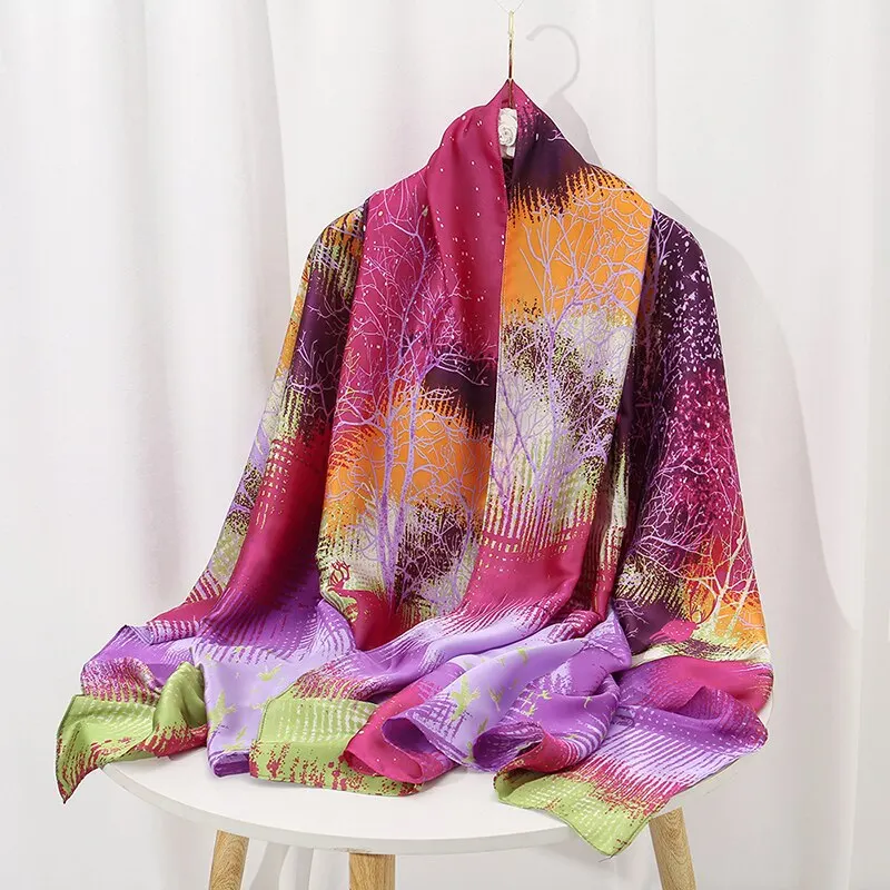 New Printed Imitation Silk Shawl Super Long Scarf Women Multi-Functional Scarf Wrap Color Forest Series 180*86cm