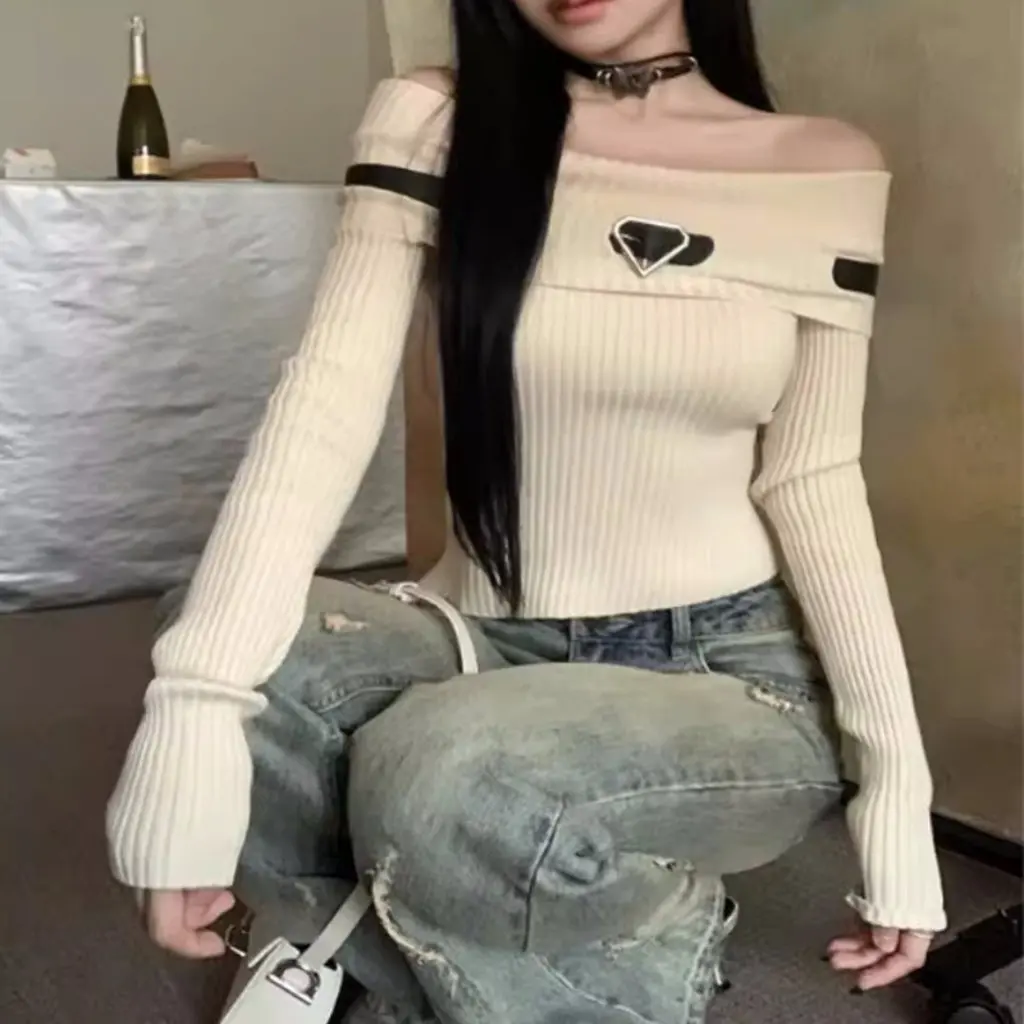 

Pure Desire Women's Sweet Hot Girl One Shoulder Long Sleeve Knitted Top Autumn Winter American Style Off-Shoulder Sweater