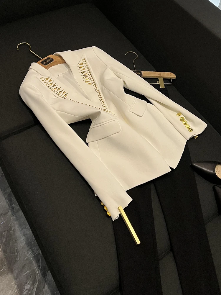 

Ele Metal Piece Embellied One Button Heavy Du Jaet Commute Sle Slim Fit Long Sve Pure Color B04233