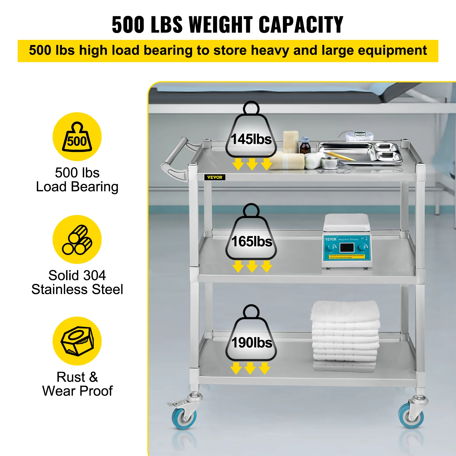 VEVOR Lab Utility Cart 500 libbre di capacità di peso carrello di rotolamento 3 ripiani clinica Mobile robusto carrello da laboratorio con struttura in acciaio inossidabile