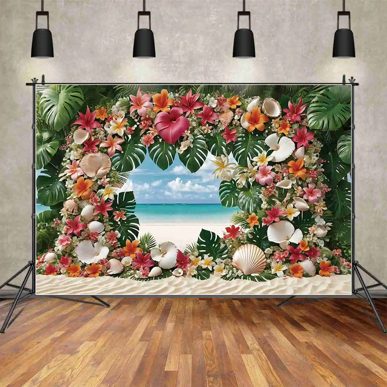 Moon.qg ชายหาดวันหยุดใบไม้เขตร้อนดอกไม้พวงมาลัยใบปาล์มพื้นหลังที่กำหนดเองอุปกรณ์เสริมสำหรับงานปาร์ตี้