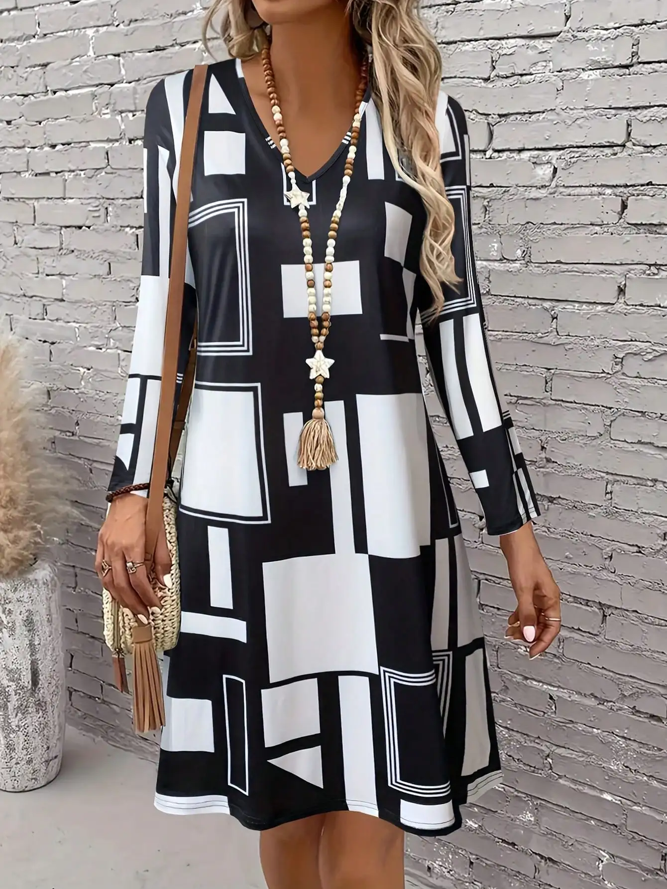 Neues langärmliges Kleid mit geometrischem Muster für Damen, Herbst/Winter, langärmliges Kreiskleid mit V-Ausschnitt für Damen – elegantes Midikleid