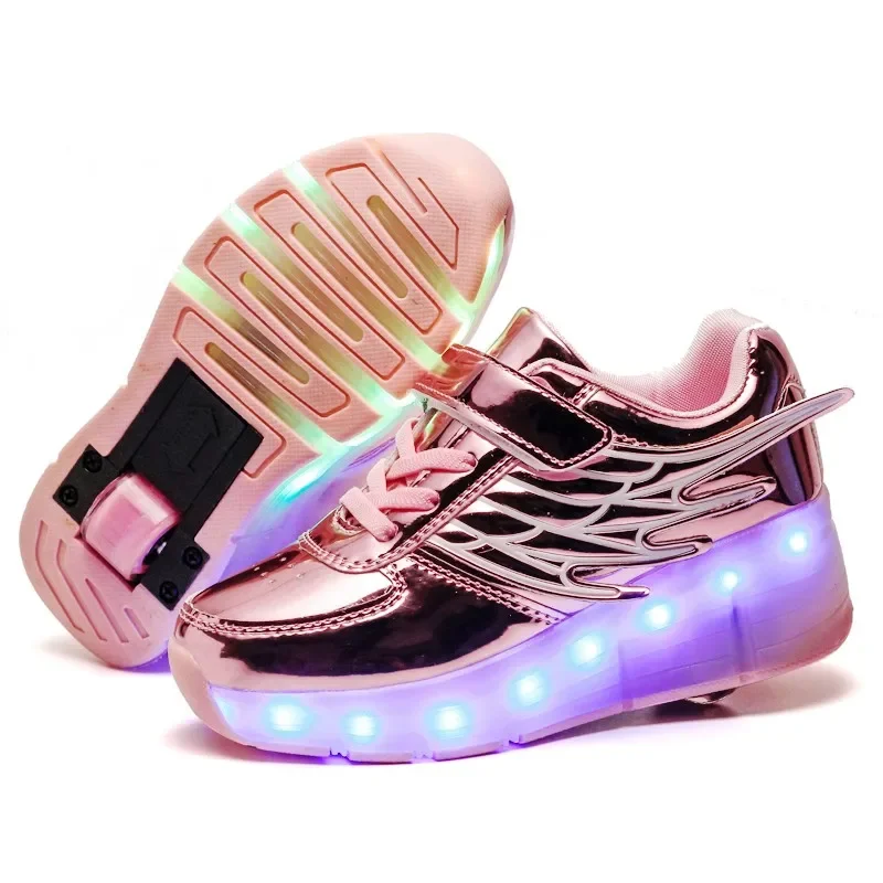 One Two Wheels Luminous Glowing Sneakers Led Night Light Roller Skate Shoes for Kids Boys Girls Children's USB Charging Footwear