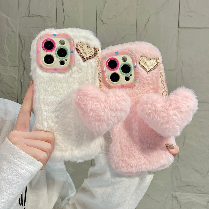 

Cute Pink White Warm print Warm Plush Cartoon lens Holder Phone Case For iPhone 17 16 15 14 13 12 Pro Max Plus Furry Pendant﻿﻿﻿﻿