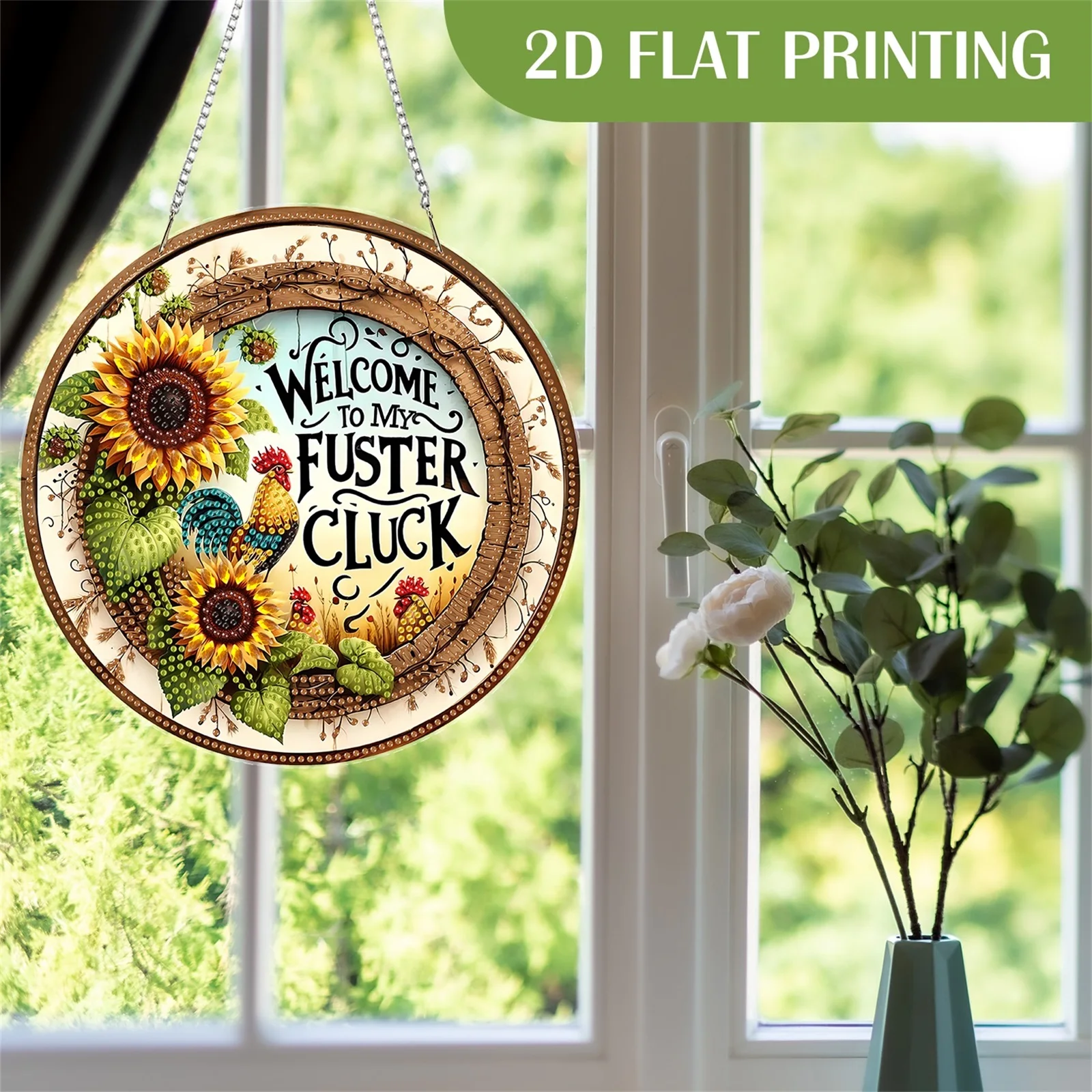 

Rooster Sunflower DIY 2D Flat Acrylic Special Shaped Diamond Painting Pendant