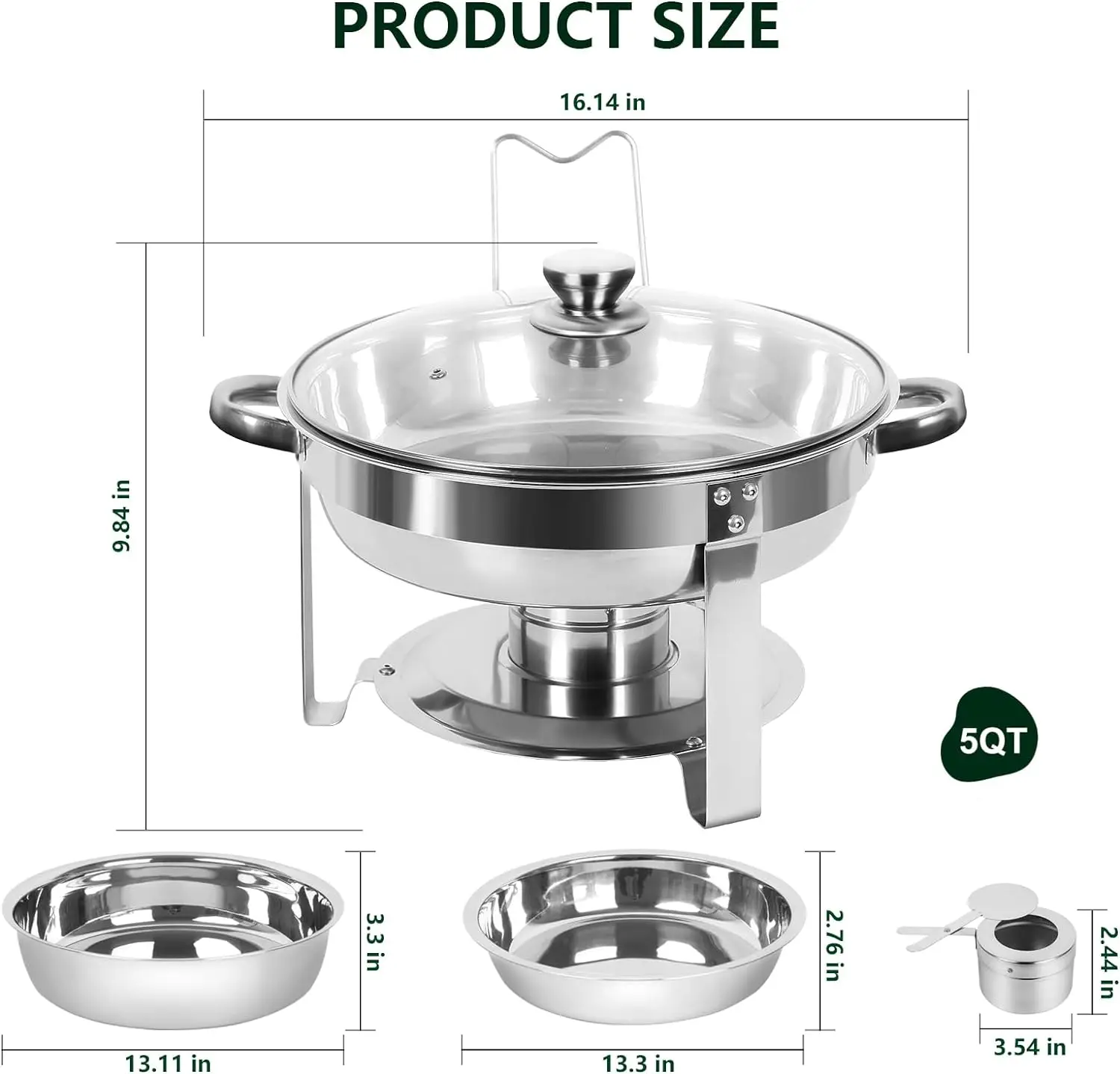 Chafing Dish Buffet Set of 4, 5QT Round Stainless Steel Chafer for Catering, Upgraded Chafers and Buffet Warmer Sets with Glass