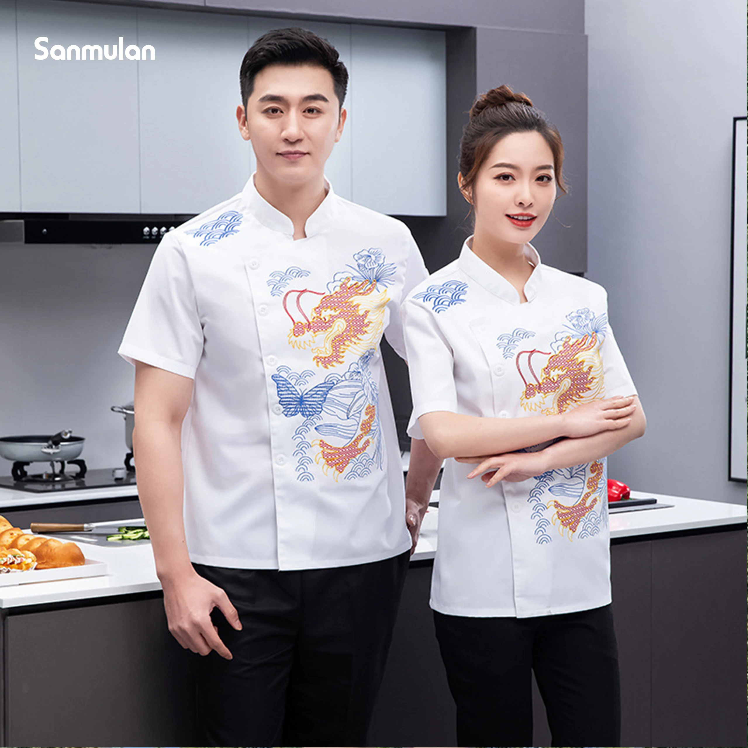 Hotel Chef Uniform Short-sleeved Work Clothes Men's and Women's Clothing Hotel Kitchen Back Kitchen Catering Clothing Plus White