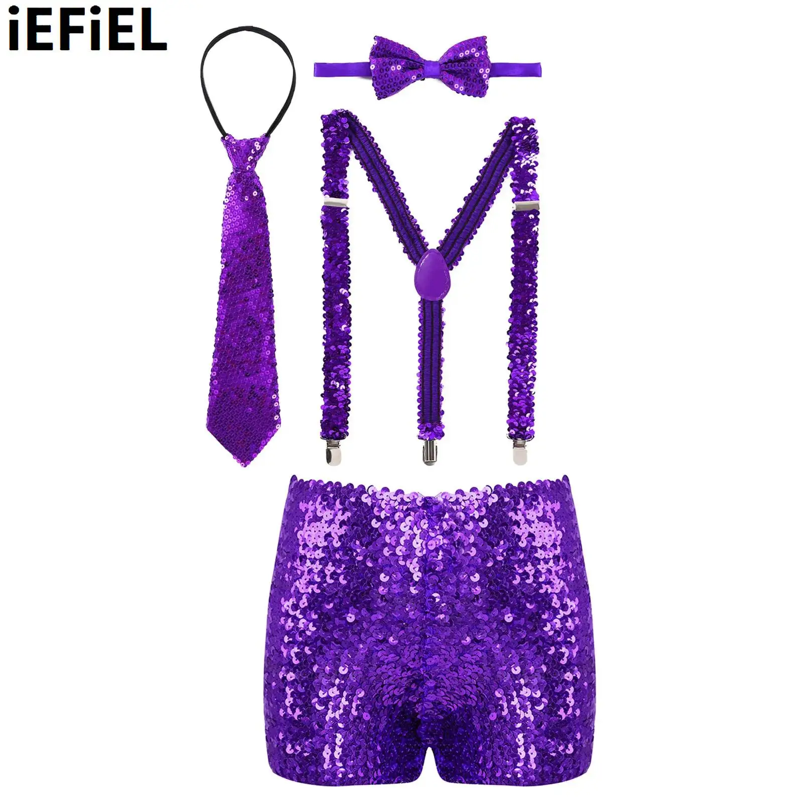 

Kids Boys Girls Shiny Sequins Dance Shorts with Elastic Y Shape Adjustable Braces Suspenders Necktie Bow Tie for Cosplay Party