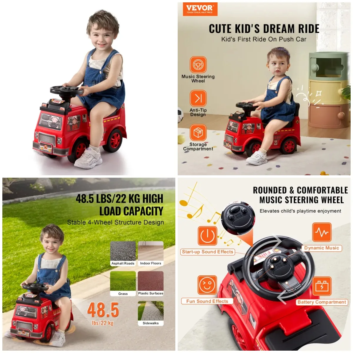 1-3세 유아용 붉은색 푸시카, 음악이 나오는 핸들 및 좌석 아래 수납공간이 있는 어린이용 라이드온 장난감