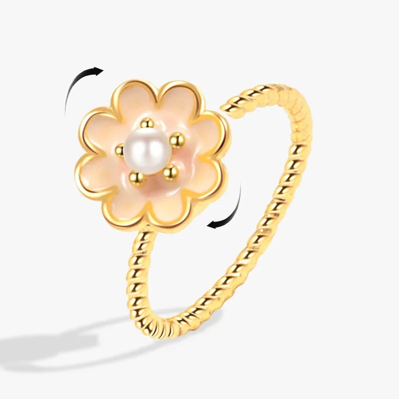 Enamel Flower Jewelry Rings With Pearls For Women Gold Color Rotate Freely Anti Stress And Anxiety Ring Fashion Accessories