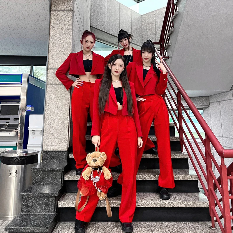 Kpop Girl Group Concert Y2k Clothing Women Sexy Red Short Jackets Black Slim Vest Loose Straight Wide Leg Trousers Stage Outfits