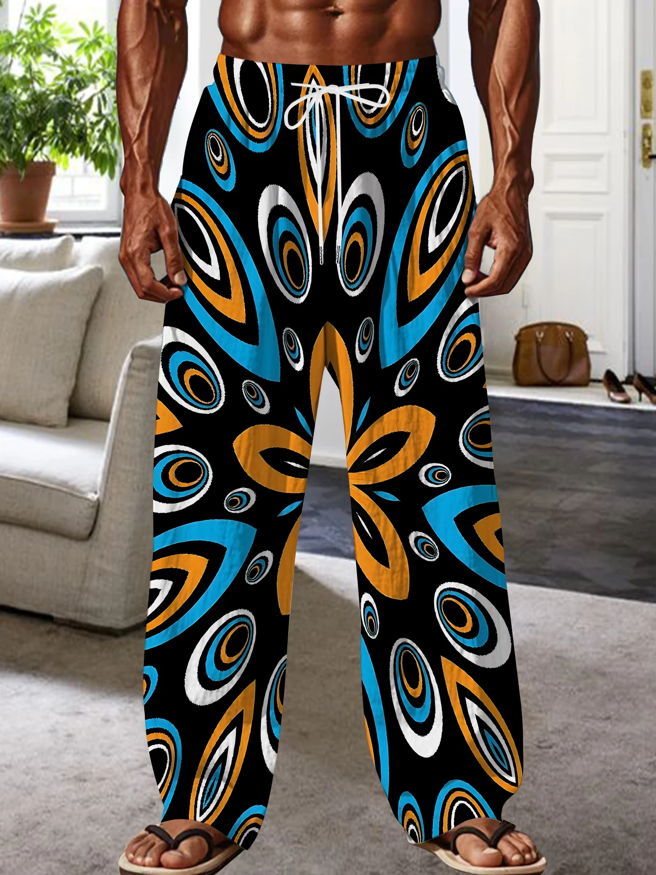 

2026 Men's Printed Straight Leg Pants Drawstring Waist Loose Fit Casual Summer Beach Wear Fashion Trendy Trousers