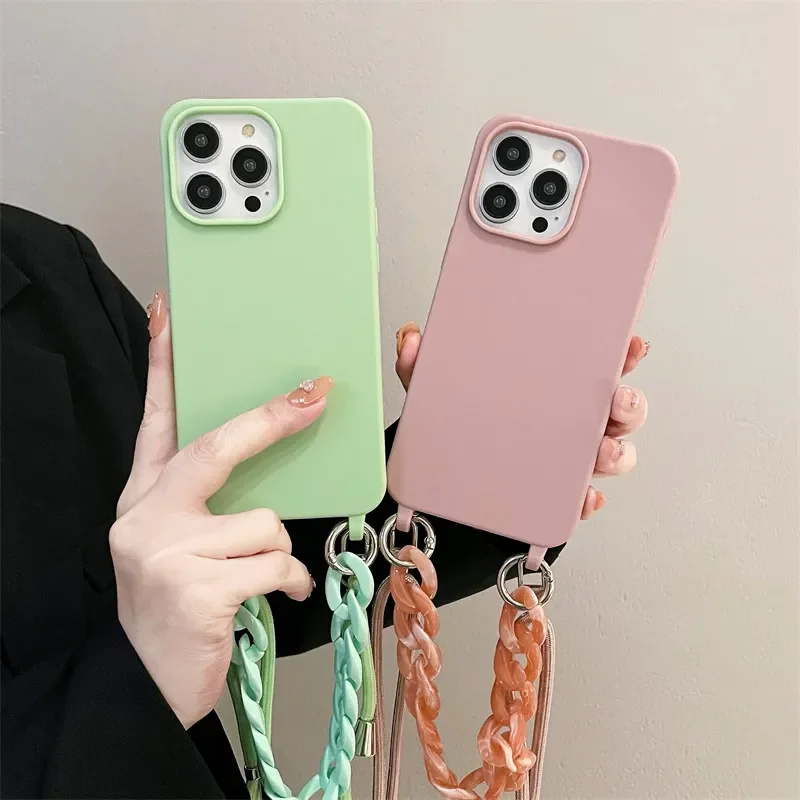 Candy colored crossbody strap phone case suitable for iPhone 15 14 13 12 11 Pro Max Plus necklace with soft silicone back cover