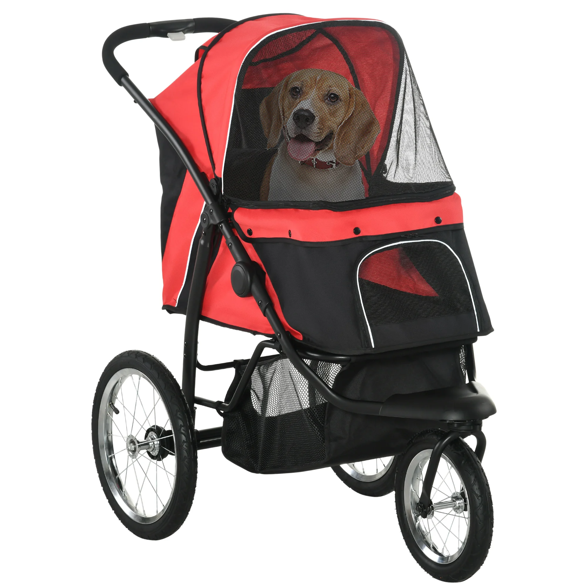 Pet Stroller for Small and Medium Dogs 3 Big Wheels Foldable Cat Stroller with Adjustable Canopy Storage Basket Red