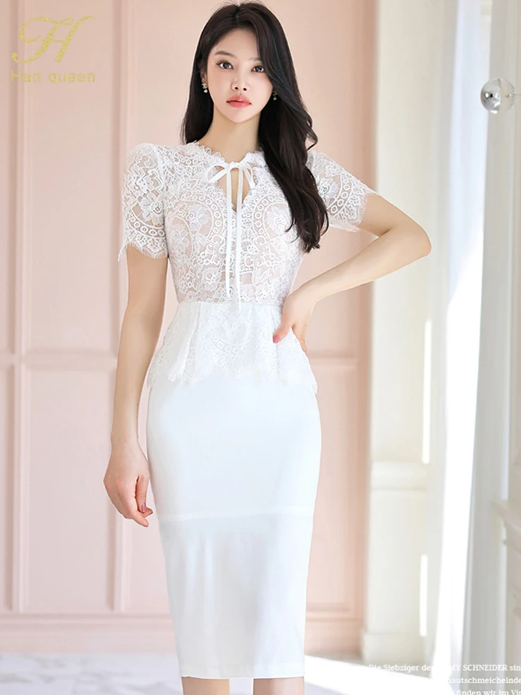 H Han Queen 2024 New Elegant Dresses For Women Patchwork Lace Office Summer Sexy Dress Short Sleeve Sheath Pencil White Vestidos