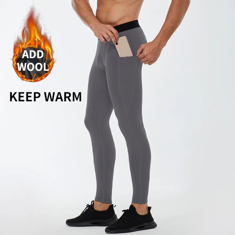 Winter Men Fleece Breathable Thermal Leggings Outdoor Tight Outdoor Warm Johns Fitness Hot Pants Pockets Quick Dry Train Jogging