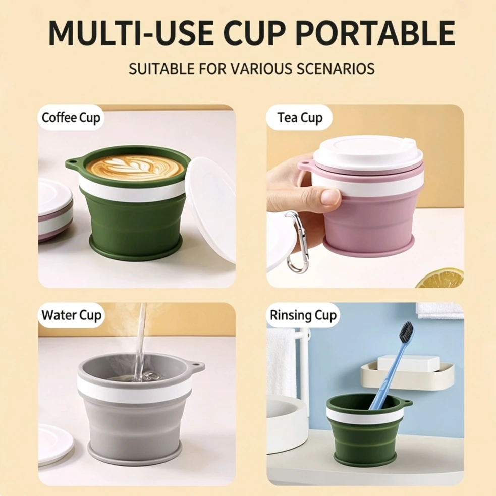 Silicone folding water cup with hook, suitable for outdoor activities, business trips, and travel, portable gargling cup, coffee