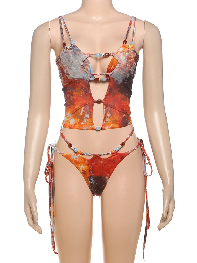 

Sisterlinda Tie Dye сексуальный комплект из 3 предметов, модные наряды для отпуска, расшитые блестками, бандажные костюмы бикини + тонкие макси-юбки с разрезом