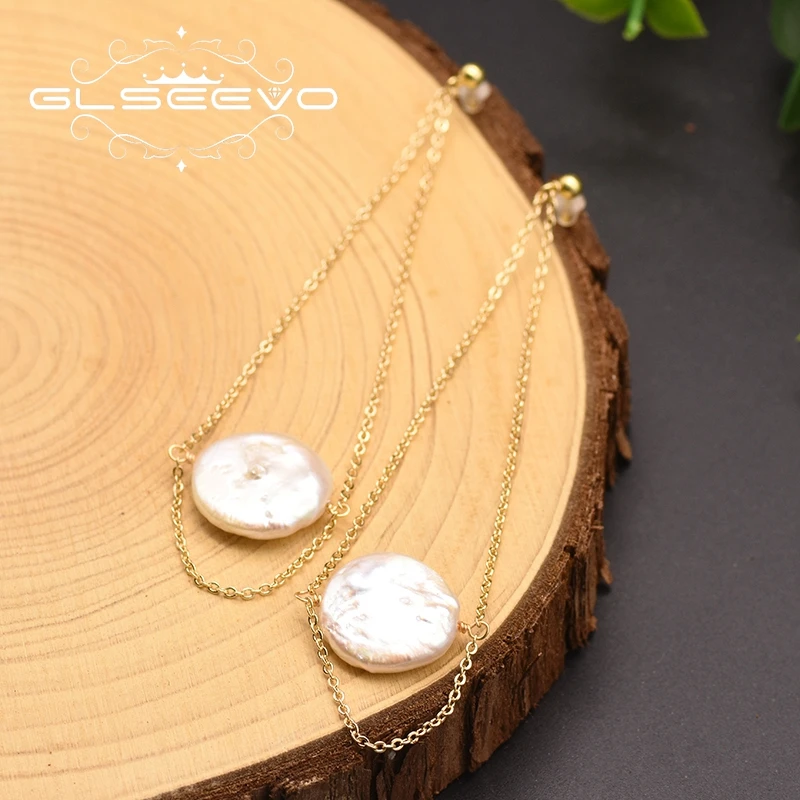 GLSEEVO White Natural Fresh Water Pearl Baroque Pearl Loing Drop Earrings For Women Girl Luxury Wedding Birthday Jewelry GE0890