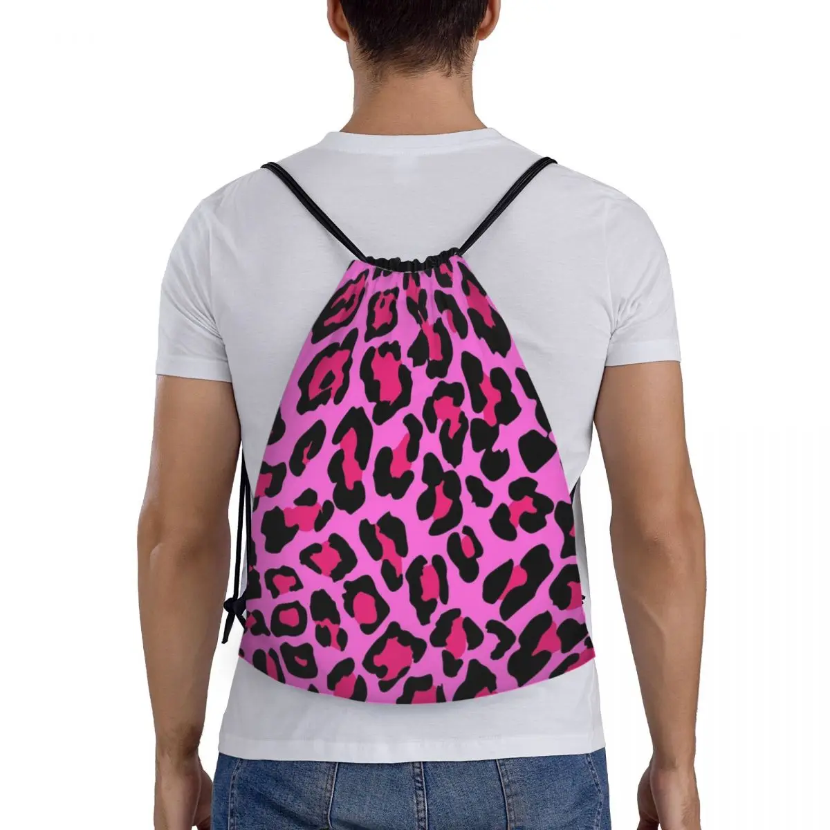 

Hot Pink Leopard Print Backpacks Casual Drawstring Bags Sundries Bag Book Bags for Man Woman School