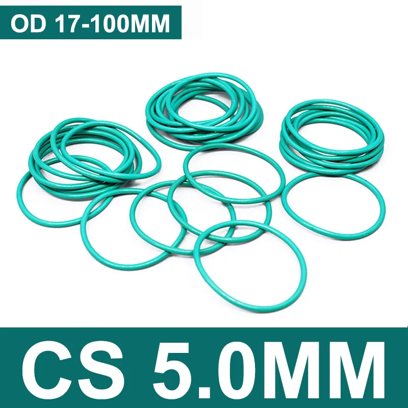 1/5/10pc OD 17-100mm CS 5.0mm Thickness Green FKM Fluorine O Ring Food Grade Waterproof Washer Rubber Insulate Round Seal Gasket