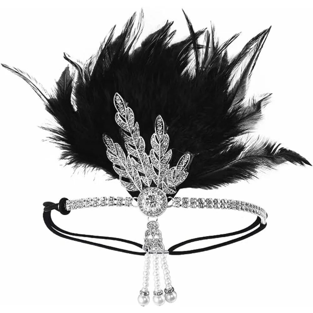 PESENAR ชุดเครื่องประดับขนนกสีดำสไตล์วินเทจ ประดับเพชร ที่คาดผมเพชร สร้อยคอมุก ถุงมือ ชุดปาร์ตี้ย้อนยุคสุดหรู